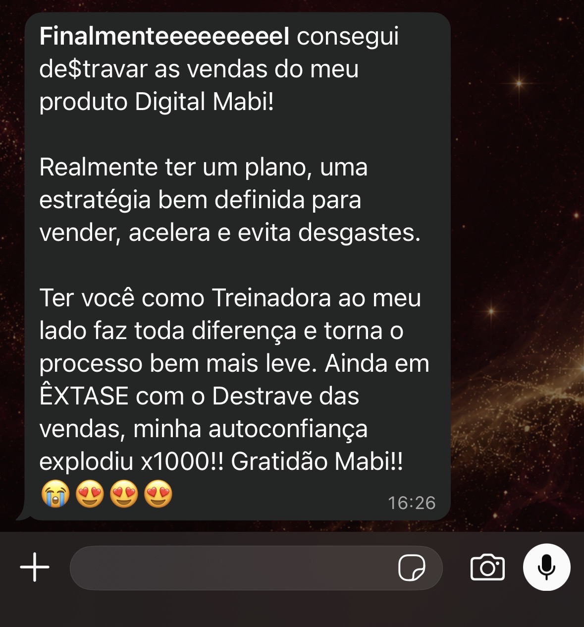 Print do depoimento — Finalmente consegui de$travar as vendas do meu produto Digital